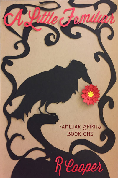 Cover for A Little Familiar. A raven perched on a pumpkin holds a small red flower in its beak. 