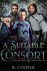 Cover for A Suitable Consort: a small, brightly dressed man in front of two larger men in armor.