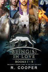the first five Beings book covers spliced together above the beings in love wolf logo