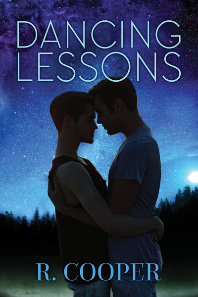 Cover for Dancing Lessons. Two men hold each other, foreheads touching, beneath a sky full of stars. 