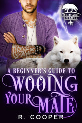 a tattooed man in a purple cardigan with a large wolf in front of him 