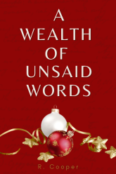 red cover with handwritten words barely visible beneath a Christmas-red background. two Christmas ornaments lay messily in the foreground