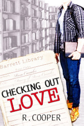 a male figure holding books inside a library. an old fashioned library card in the foreground says the Checking Out Love