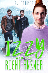 Cover for Izzy: one figure in the foreground glancing back toward two men standing together